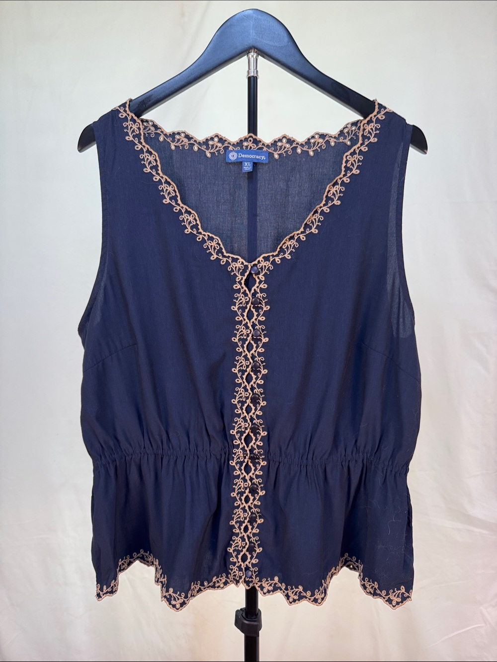 Democracy Navy Sleeveless Camisole with Cream Floral Trim